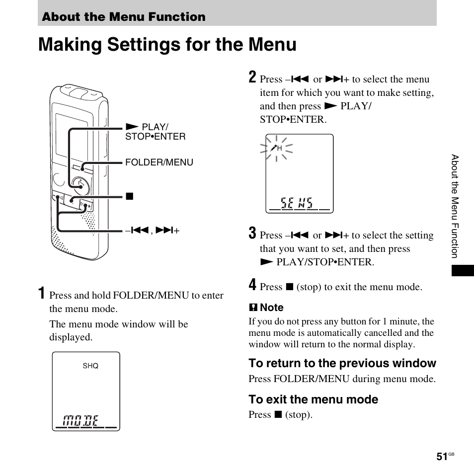 About the menu function, Making settings for the menu | Sony ICD-PX820D User Manual | Page 51 / 96