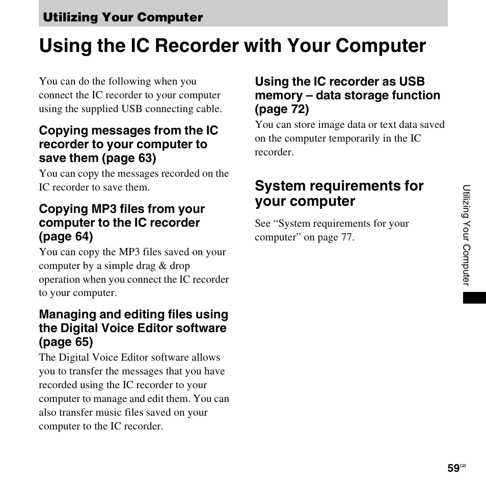 Utilizing your computer, Using the ic recorder with your computer, System requirements for your computer | Sony ICD-PX820D User Manual | Page 59 / 96