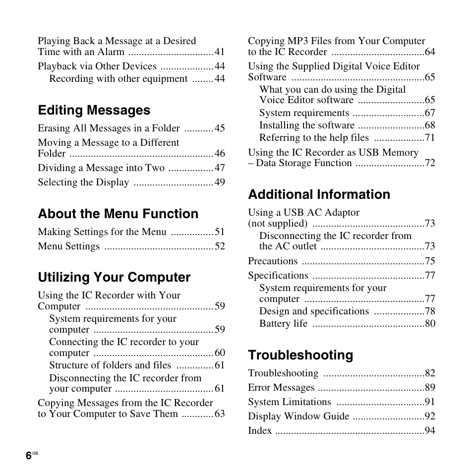 Editing messages, About the menu function, Utilizing your computer | Additional information, Troubleshooting | Sony ICD-PX820D User Manual | Page 6 / 96