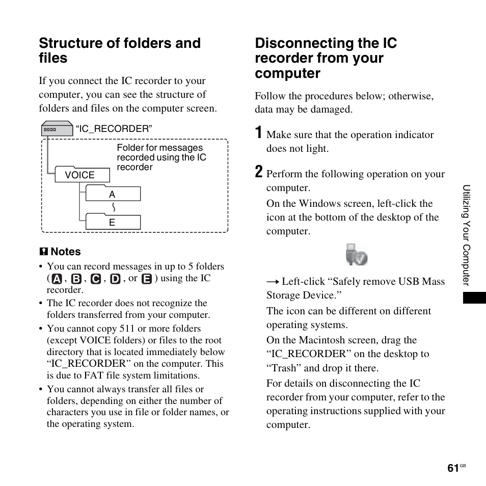 Structure of folders and files, Disconnecting the ic recorder from your computer | Sony ICD-PX820D User Manual | Page 61 / 96