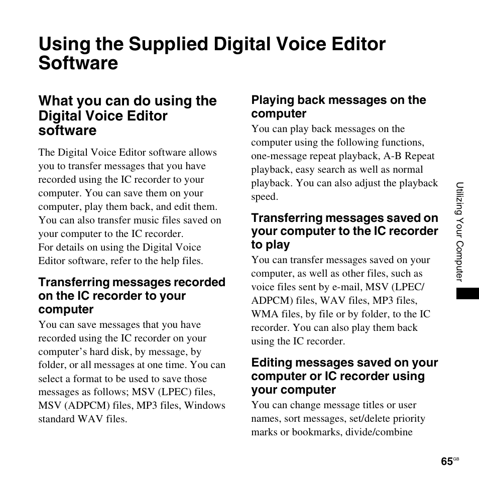 Using the supplied digital voice editor software, Playing back messages on the computer | Sony ICD-PX820D User Manual | Page 65 / 96