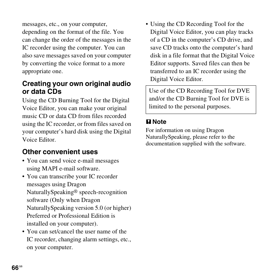 Creating your own original audio or data cds, Other convenient uses | Sony ICD-PX820D User Manual | Page 66 / 96