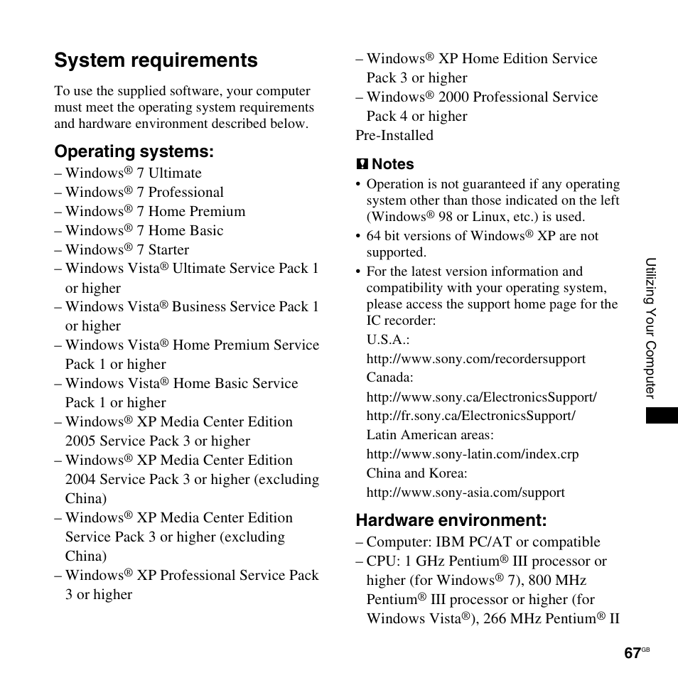 System requirements, Operating systems, Hardware environment | Sony ICD-PX820D User Manual | Page 67 / 96