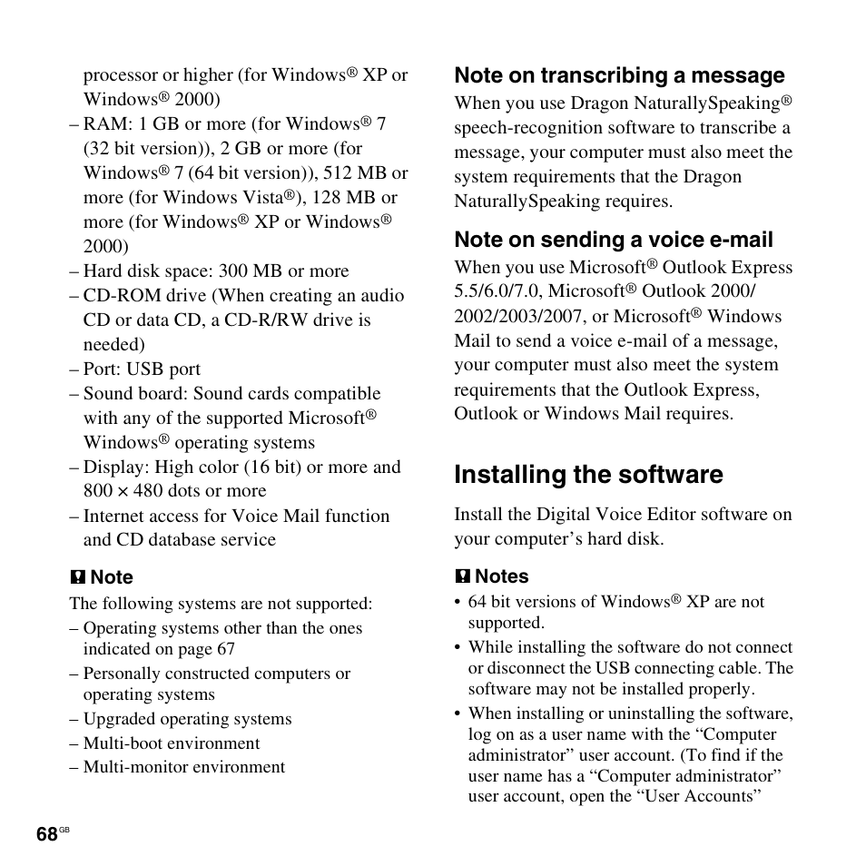 Installing the software | Sony ICD-PX820D User Manual | Page 68 / 96