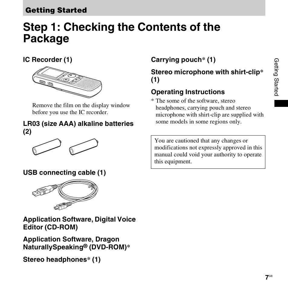 Getting started, Step 1: checking the contents of the package | Sony ICD-PX820D User Manual | Page 7 / 96