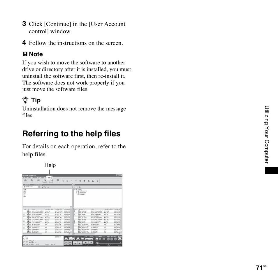 Referring to the help files | Sony ICD-PX820D User Manual | Page 71 / 96