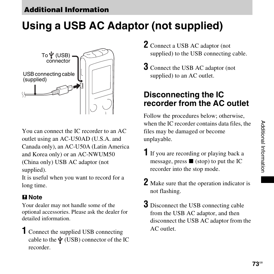 Additional information, Using a usb ac adaptor (not supplied), Disconnecting the ic recorder from the ac outlet | Sony ICD-PX820D User Manual | Page 73 / 96