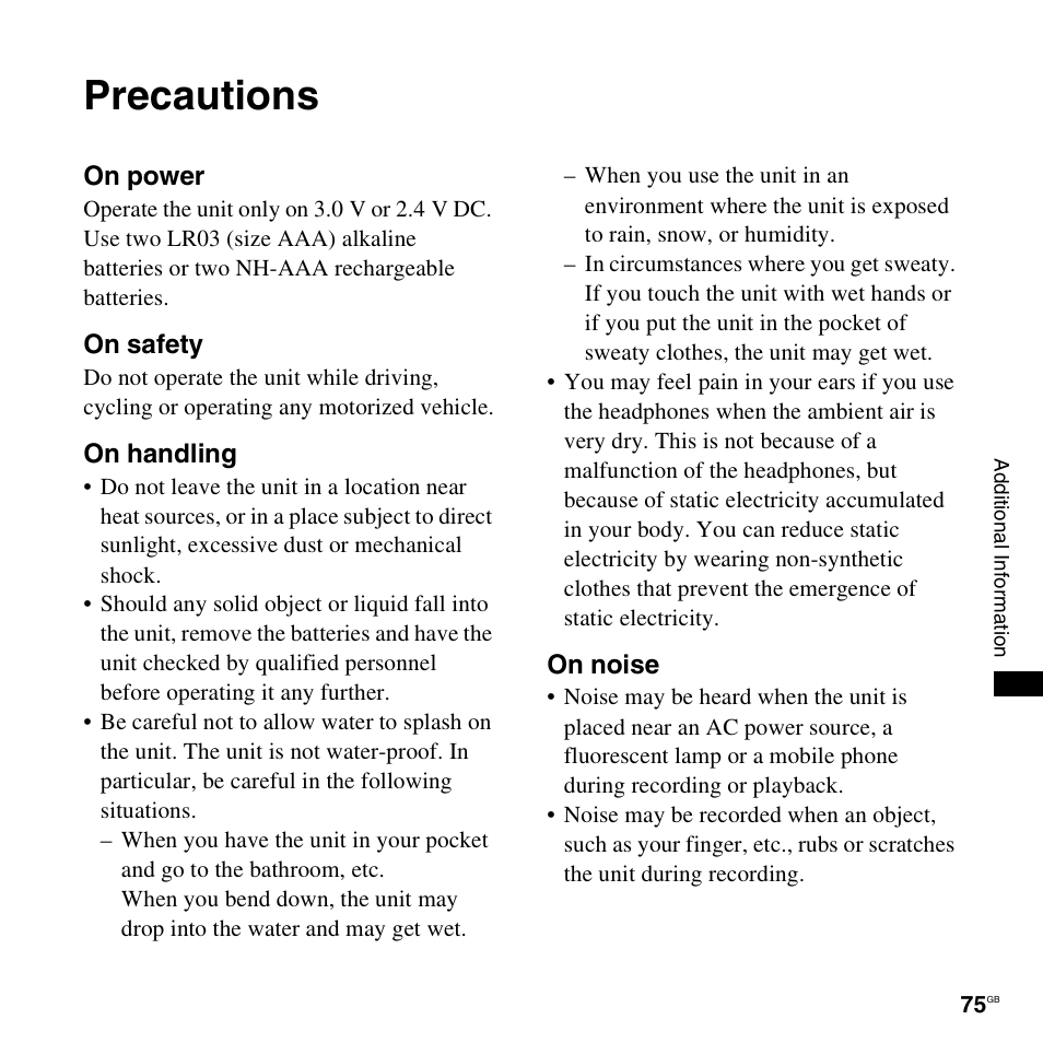 Precautions | Sony ICD-PX820D User Manual | Page 75 / 96