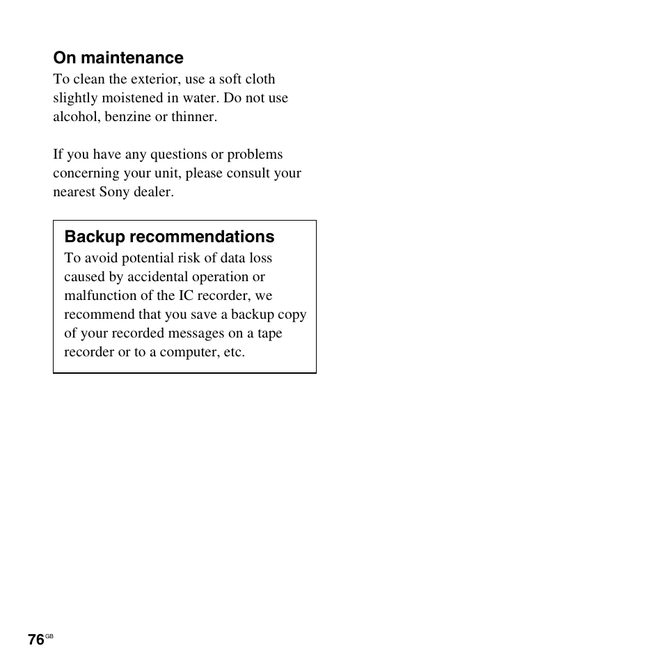 On maintenance, Backup recommendations | Sony ICD-PX820D User Manual | Page 76 / 96