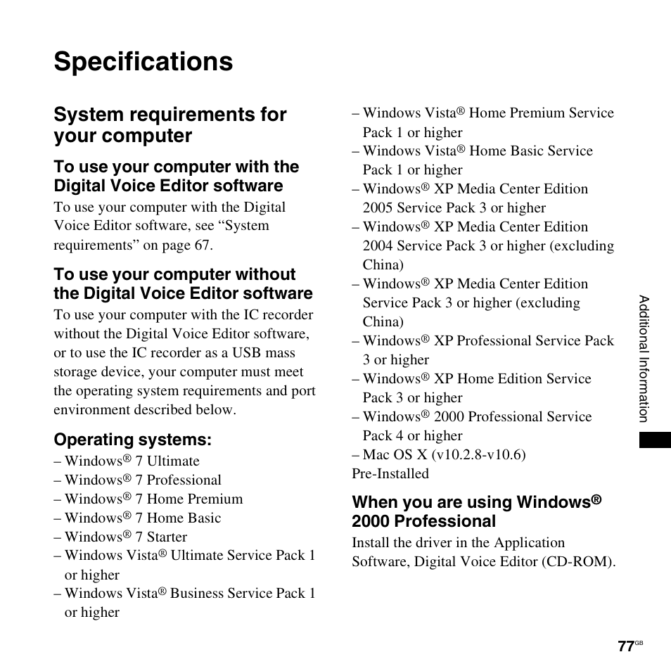 Specifications, System requirements for your computer, System requirements for your computer” on | Operating systems, When you are using windows, 2000 professional | Sony ICD-PX820D User Manual | Page 77 / 96