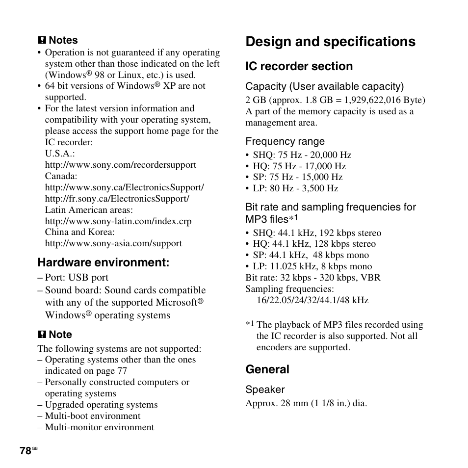 Design and specifications, Hardware environment, General | Sony ICD-PX820D User Manual | Page 78 / 96