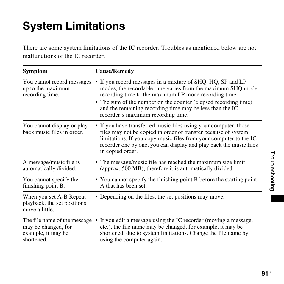 System limitations | Sony ICD-PX820D User Manual | Page 91 / 96