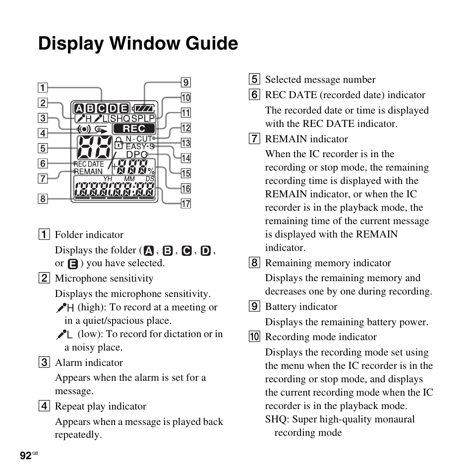 Display window guide | Sony ICD-PX820D User Manual | Page 92 / 96