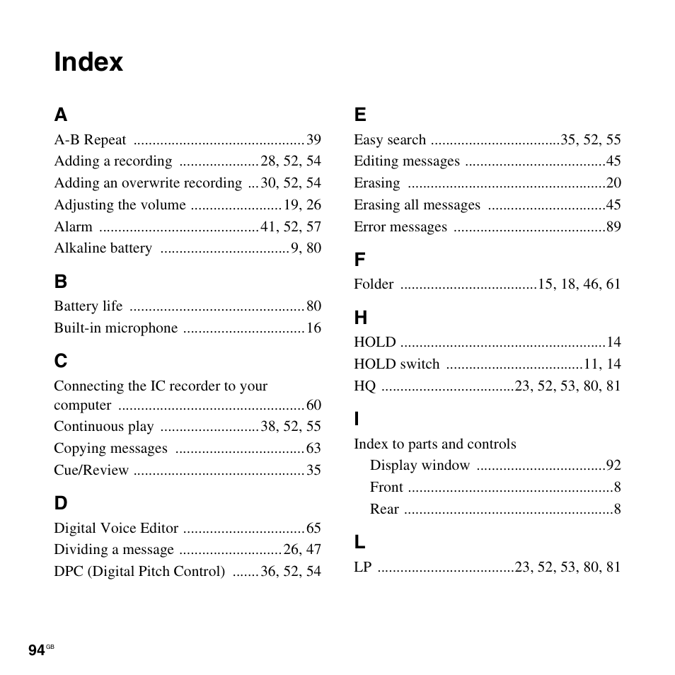 Index | Sony ICD-PX820D User Manual | Page 94 / 96