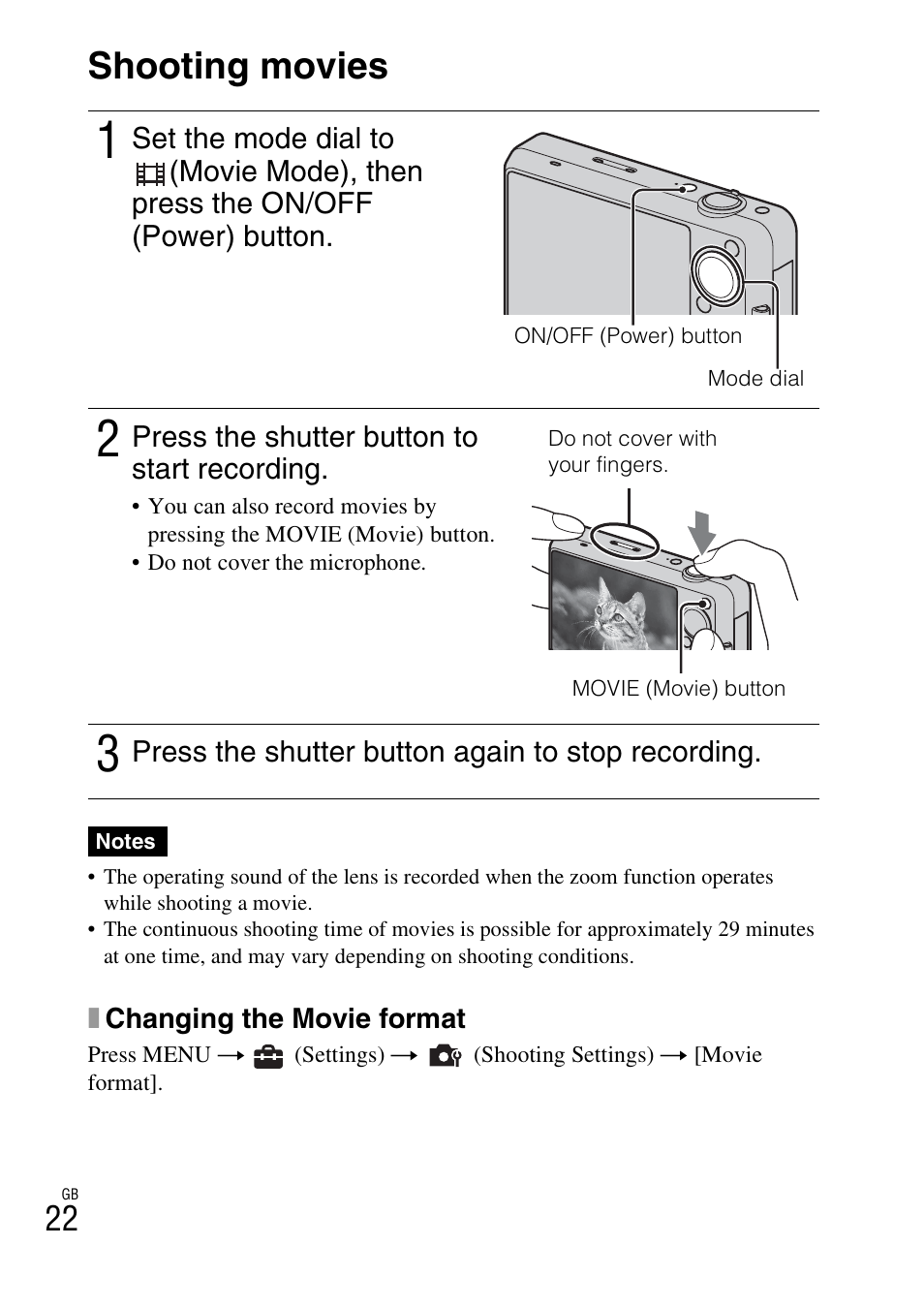 Shooting movies | Sony DSC-WX5 User Manual | Page 22 / 68