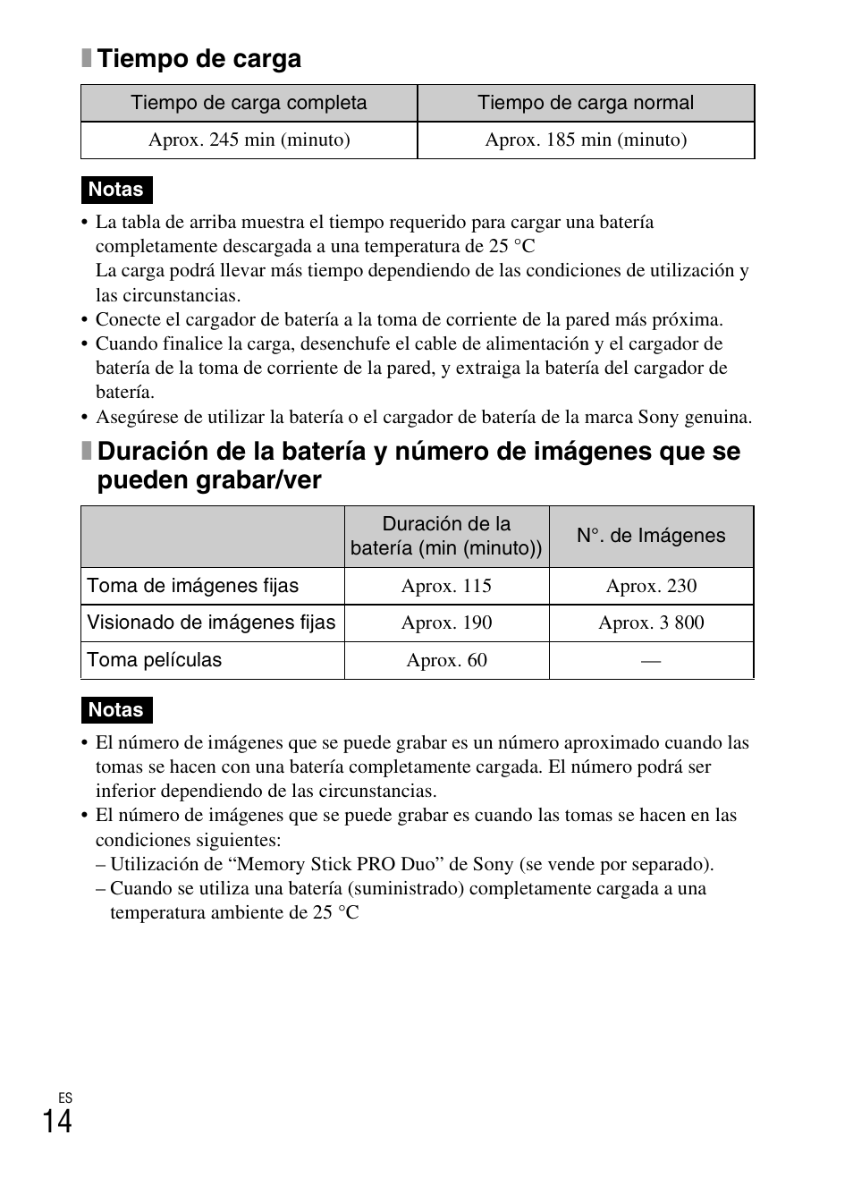 Xtiempo de carga | Sony DSC-WX5 User Manual | Page 46 / 68