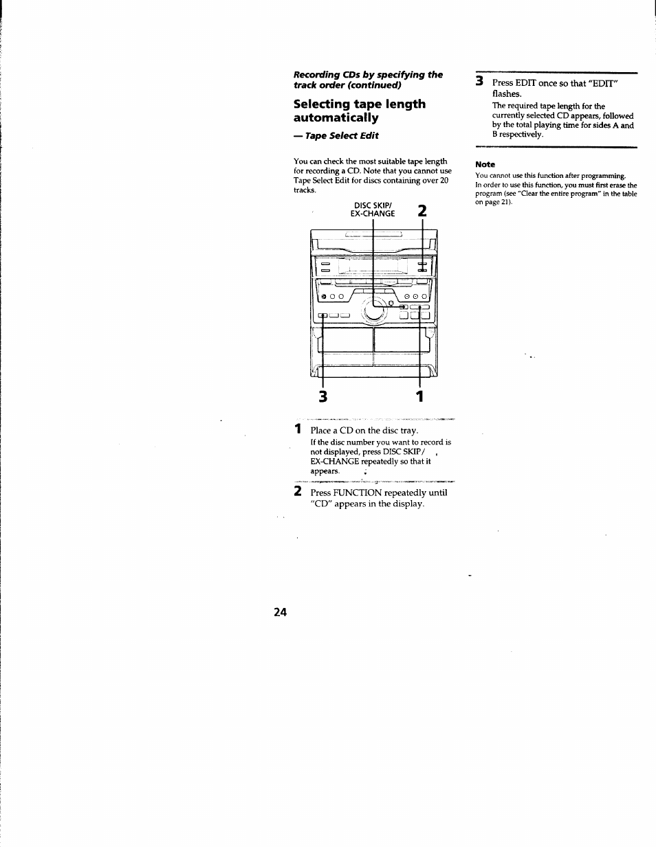 Press edit once so that "edit" flashes, Place a cd on the disc tray, Note | Selecting tape length automatically | Sony MHC-RXD3 User Manual | Page 24 / 35