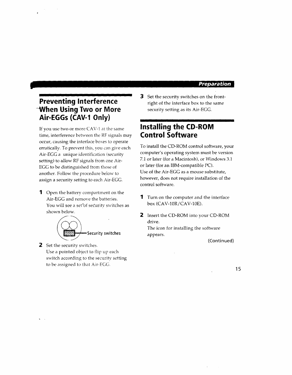 Installing the cd-rom control software, Continued) | Sony CAV-1 User Manual | Page 15 / 31