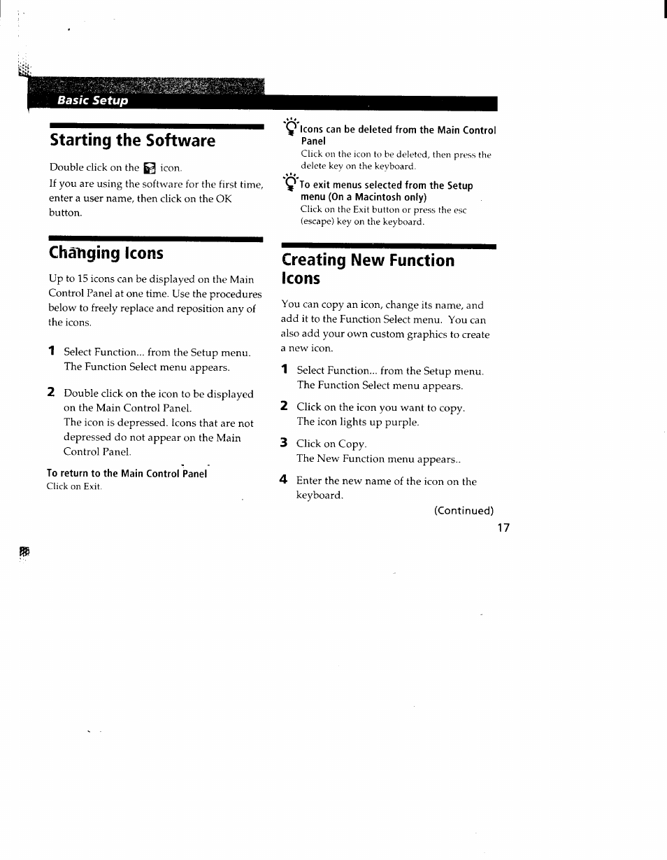 Starting the software, Changing icons, To return to the main control panel | Creating new function icons, Continued) | Sony CAV-1 User Manual | Page 17 / 31