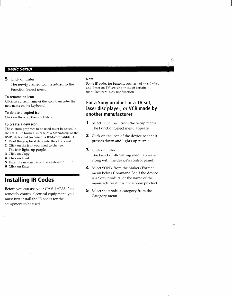 To rename an icon, To delete a copied icon, To create a new icon | Installing ir codes, Note | Sony CAV-1 User Manual | Page 18 / 31