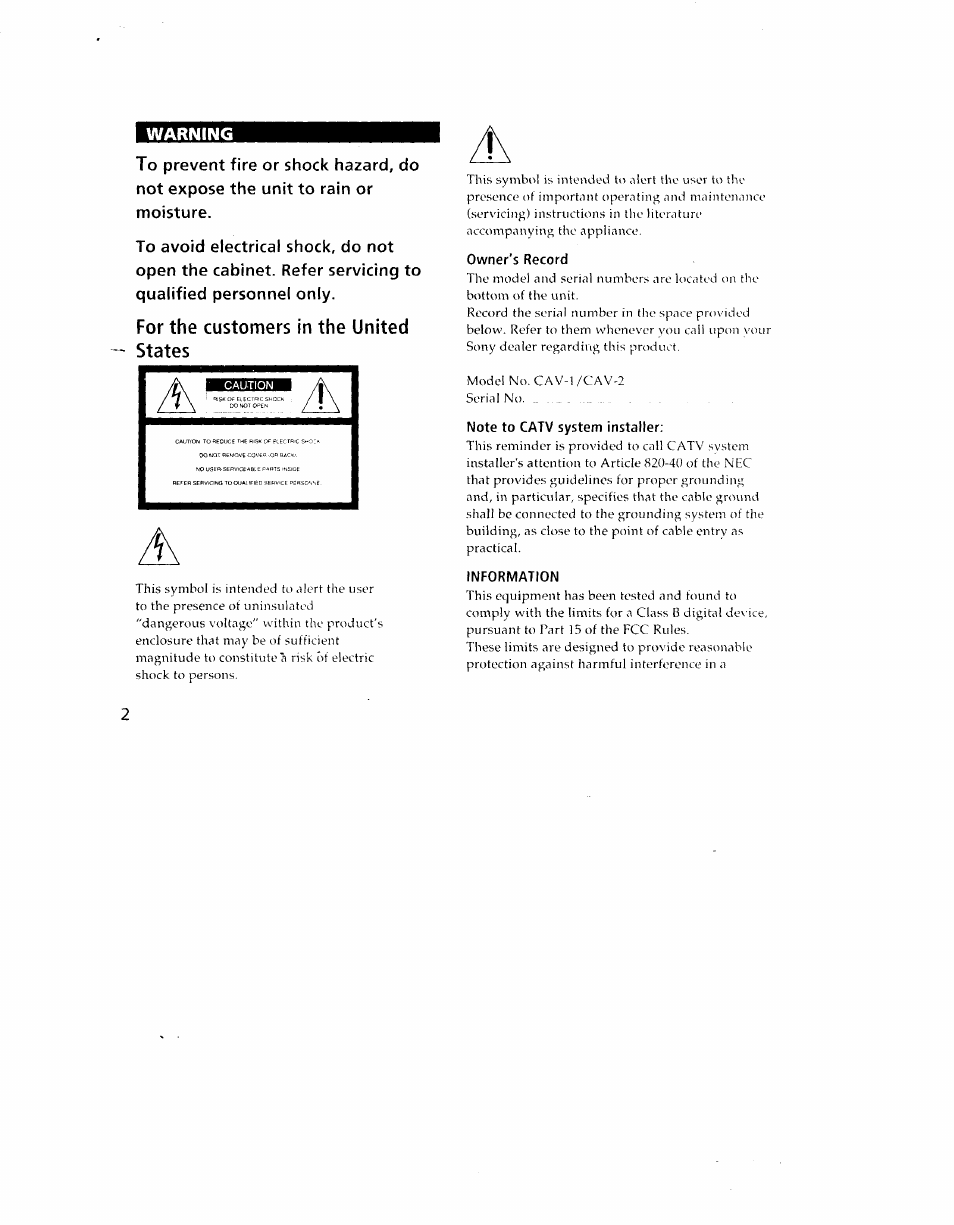 Owner's record, Note to catv system installer, Information | For the customers in the united states, Warning | Sony CAV-1 User Manual | Page 2 / 31