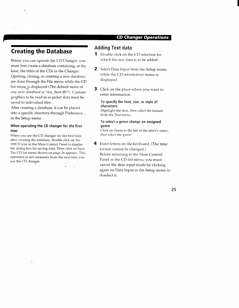 Creating the database, When operating the cd changer for the first time, To specify the font, size, or style of characters | To select a genre change an assigned genre, Adding text data 1 | Sony CAV-1 User Manual | Page 25 / 31