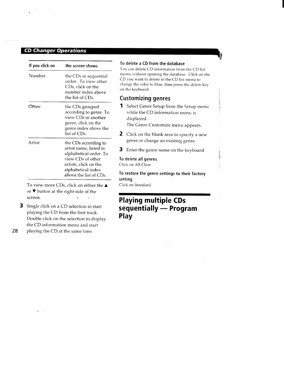 To delete a cd from the database, To delete all genres, Playing multiple cds sequentially — program play | Sony CAV-1 User Manual | Page 26 / 31
