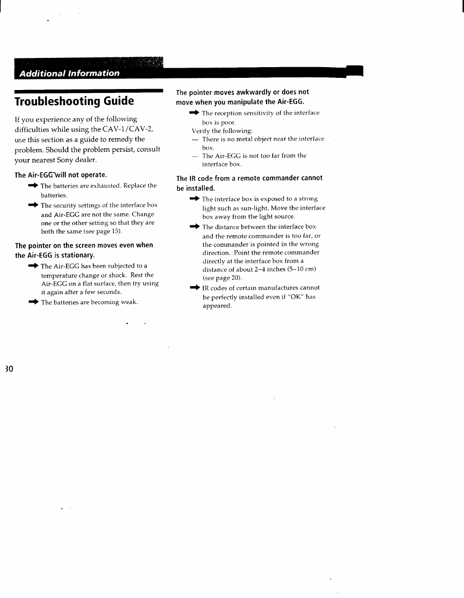 Troubleshooting guide, The air-eggl/vill not operate, Additional information | Sony CAV-1 User Manual | Page 28 / 31