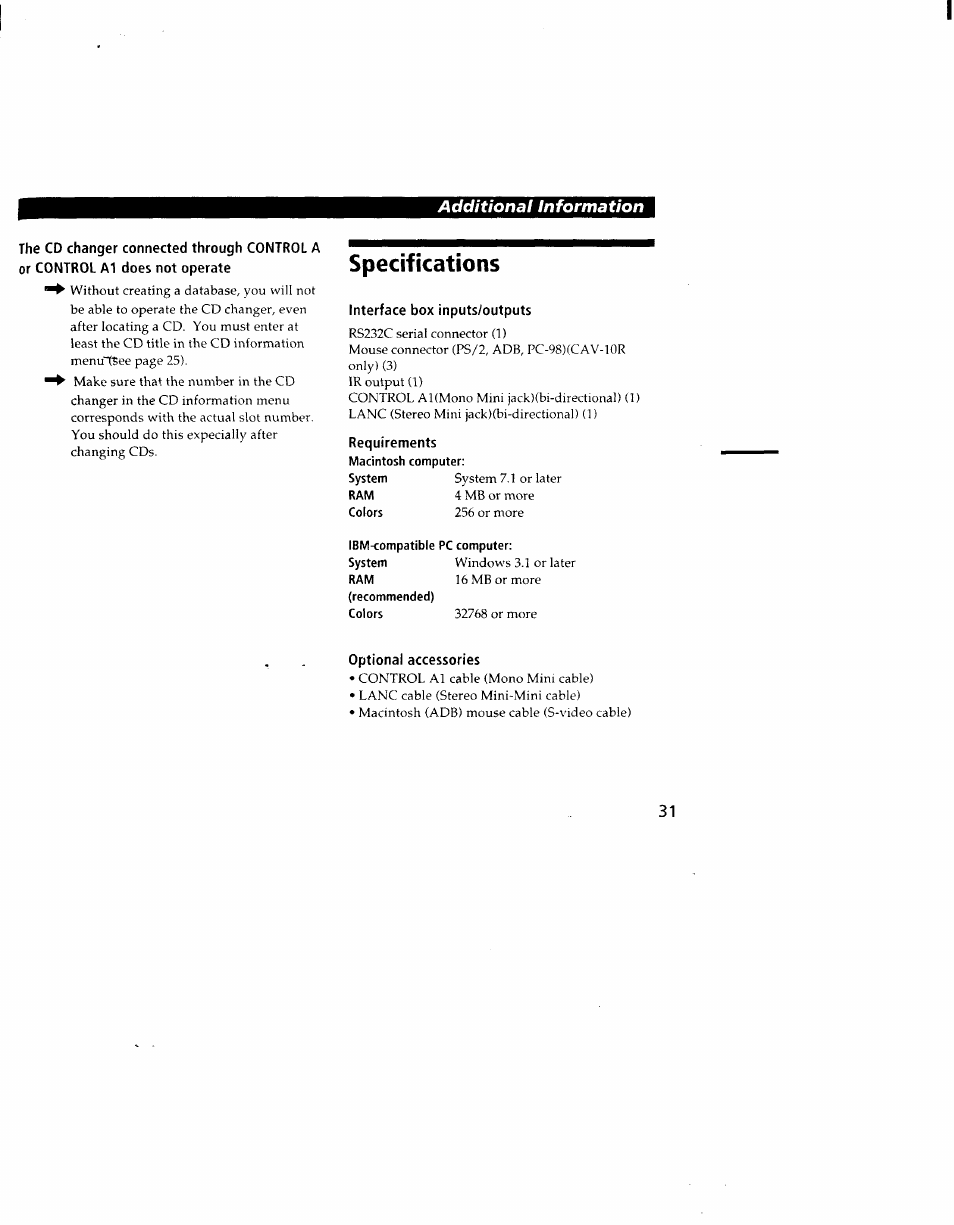 Specifications, Interface box inputs/outputs, Requirements | Optional accessories, Additional information | Sony CAV-1 User Manual | Page 29 / 31