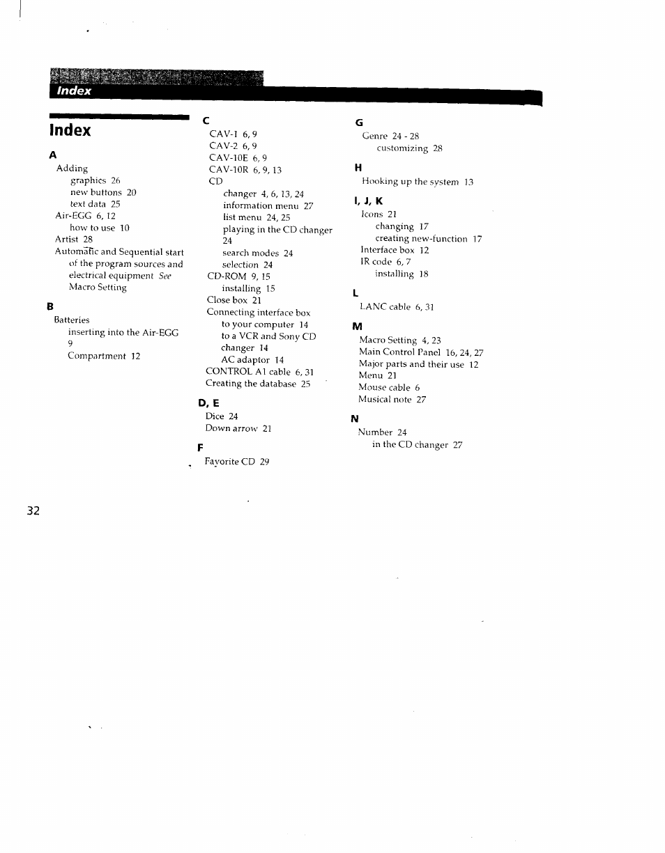 Index, D, e, I, j, k | Sony CAV-1 User Manual | Page 30 / 31