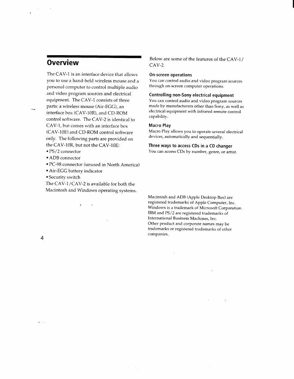 Overview, On-screen operations | Sony CAV-1 User Manual | Page 4 / 31