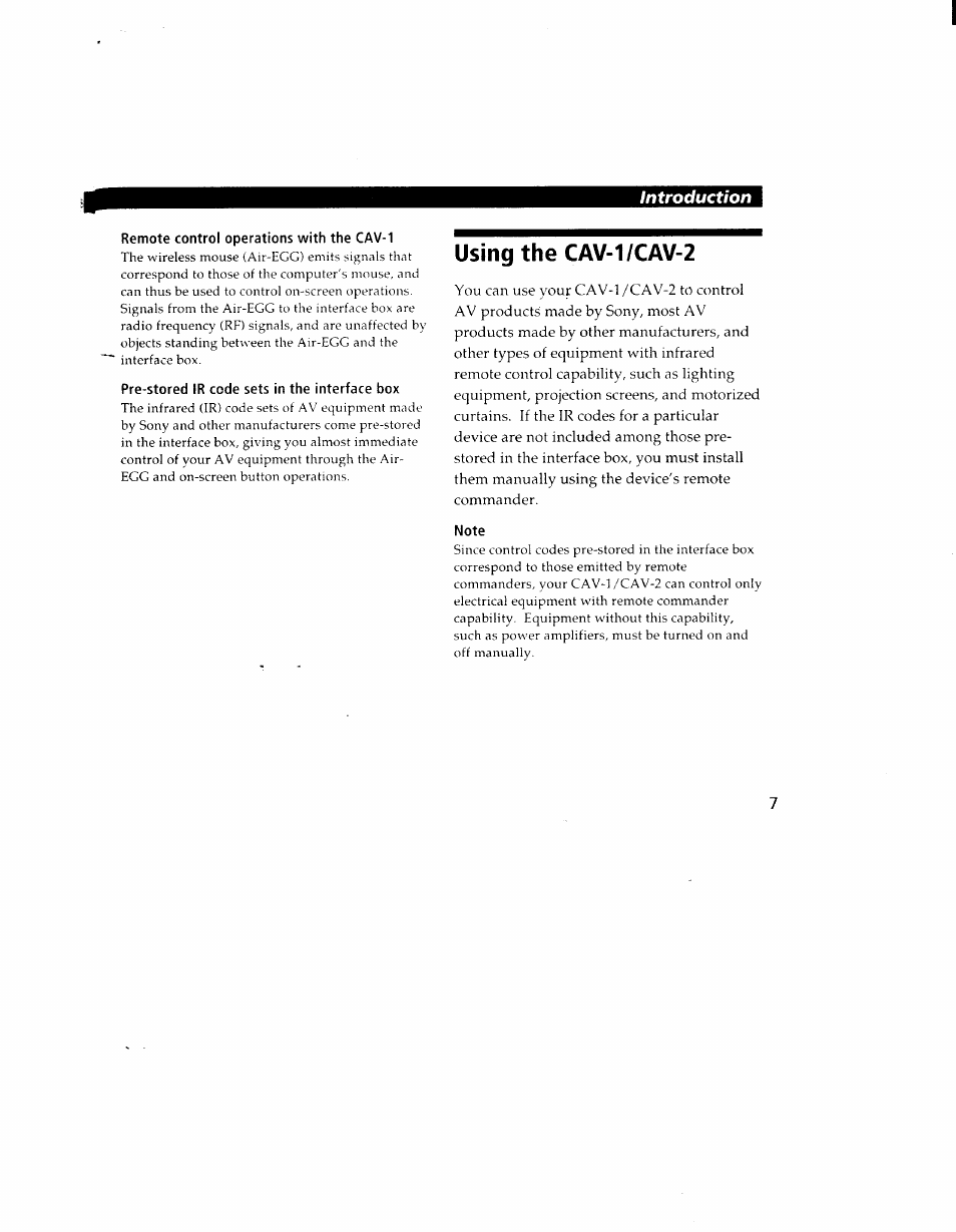 Remote control operations with the cav-1, Pre-stored ir code sets in the interface box, Using the cav-1/cav-2 | Note | Sony CAV-1 User Manual | Page 7 / 31