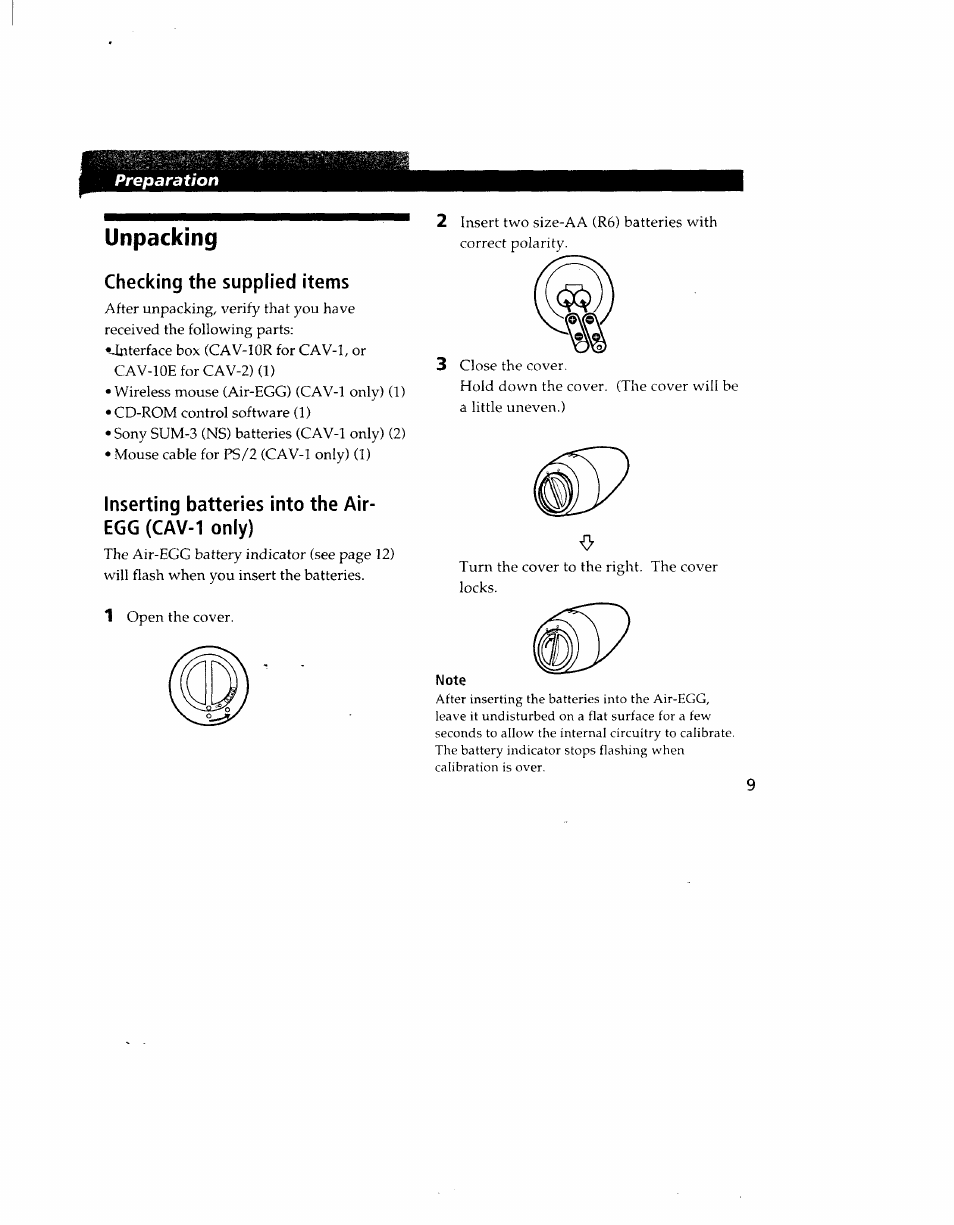 Note, Unpacking | Sony CAV-1 User Manual | Page 9 / 31