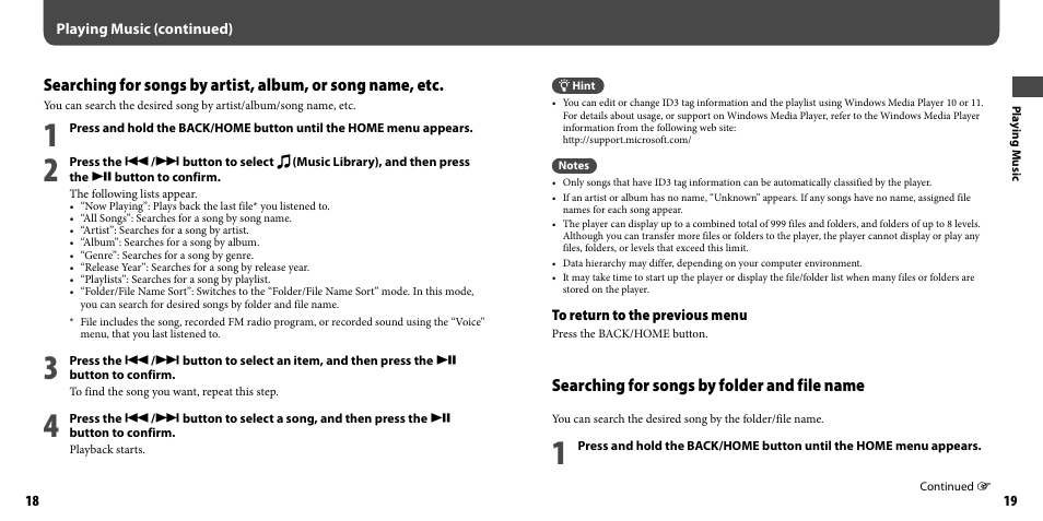 Searching for songs by folder and file name | Sony NWZ-B103FBLK User Manual | Page 10 / 36