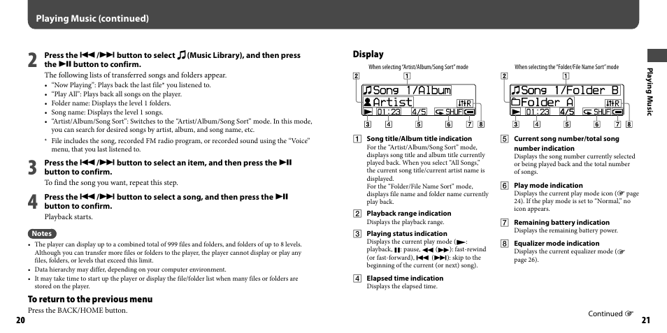 Playing music (continued), Display | Sony NWZ-B103FBLK User Manual | Page 11 / 36
