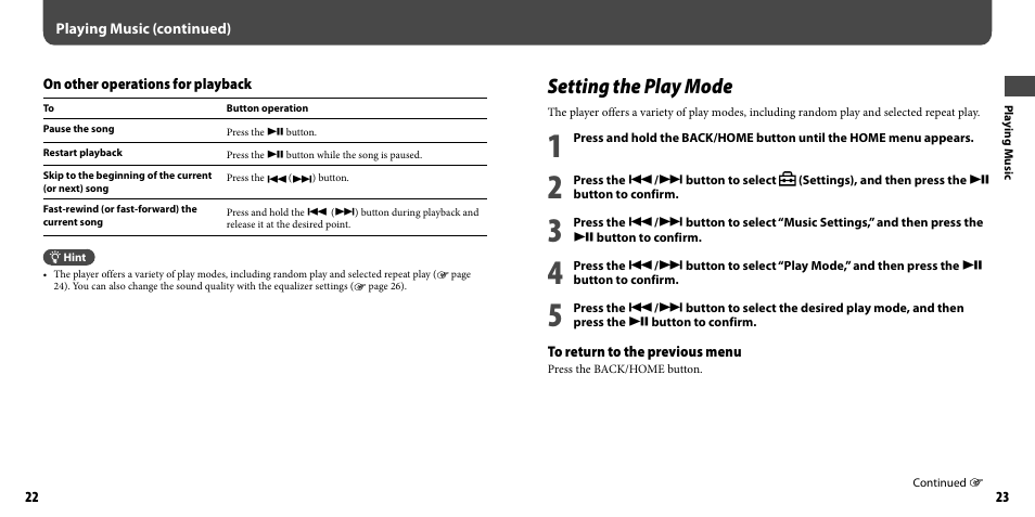 Setting the play mode | Sony NWZ-B103FBLK User Manual | Page 12 / 36