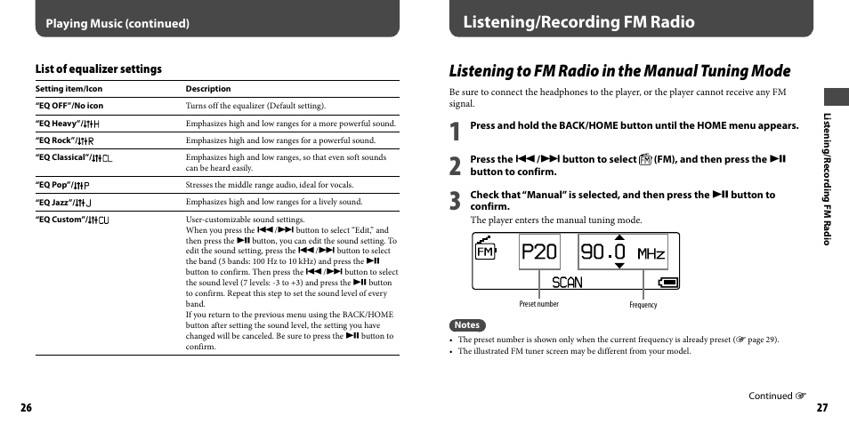 Listening/recording fm radio, Listening to fm radio in the manual tuning mode | Sony NWZ-B103FBLK User Manual | Page 14 / 36