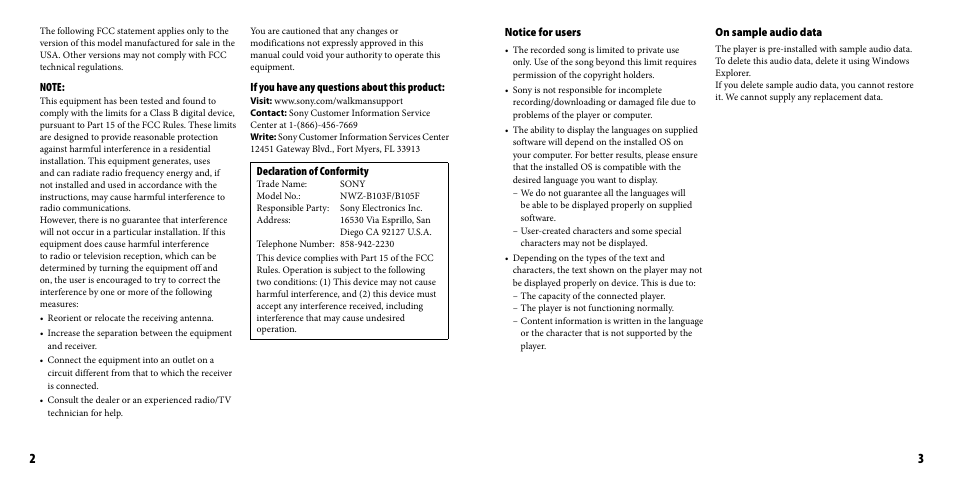 Sony NWZ-B103FBLK User Manual | Page 2 / 36