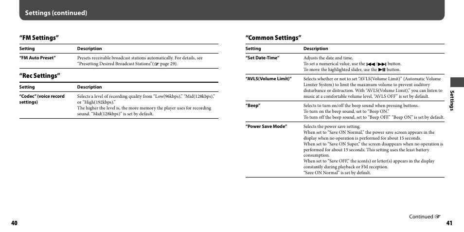 Fm settings, Rec settings, Common settings | Settings (continued) | Sony NWZ-B103FBLK User Manual | Page 21 / 36