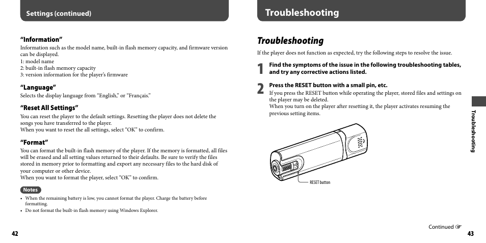 Troubleshooting | Sony NWZ-B103FBLK User Manual | Page 22 / 36