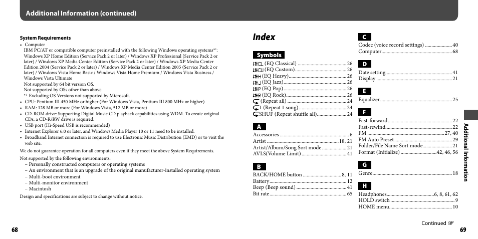 Index, Additional information (continued) | Sony NWZ-B103FBLK User Manual | Page 35 / 36
