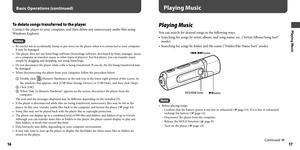 Playing music, Basic operations (continued) | Sony NWZ-B103FBLK User Manual | Page 9 / 36