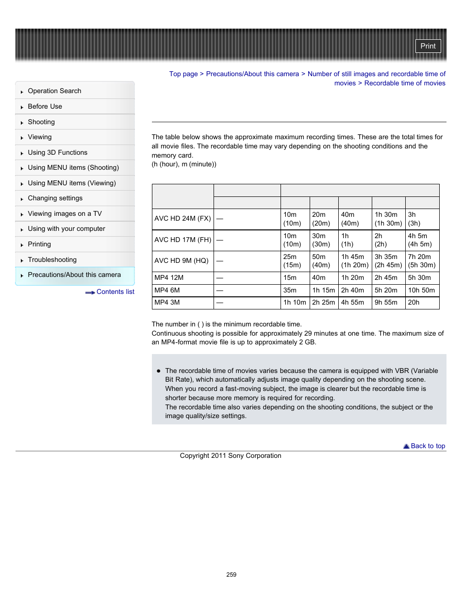 Recordable time of movies | Sony DSC-WX10 User Manual | Page 259 / 266