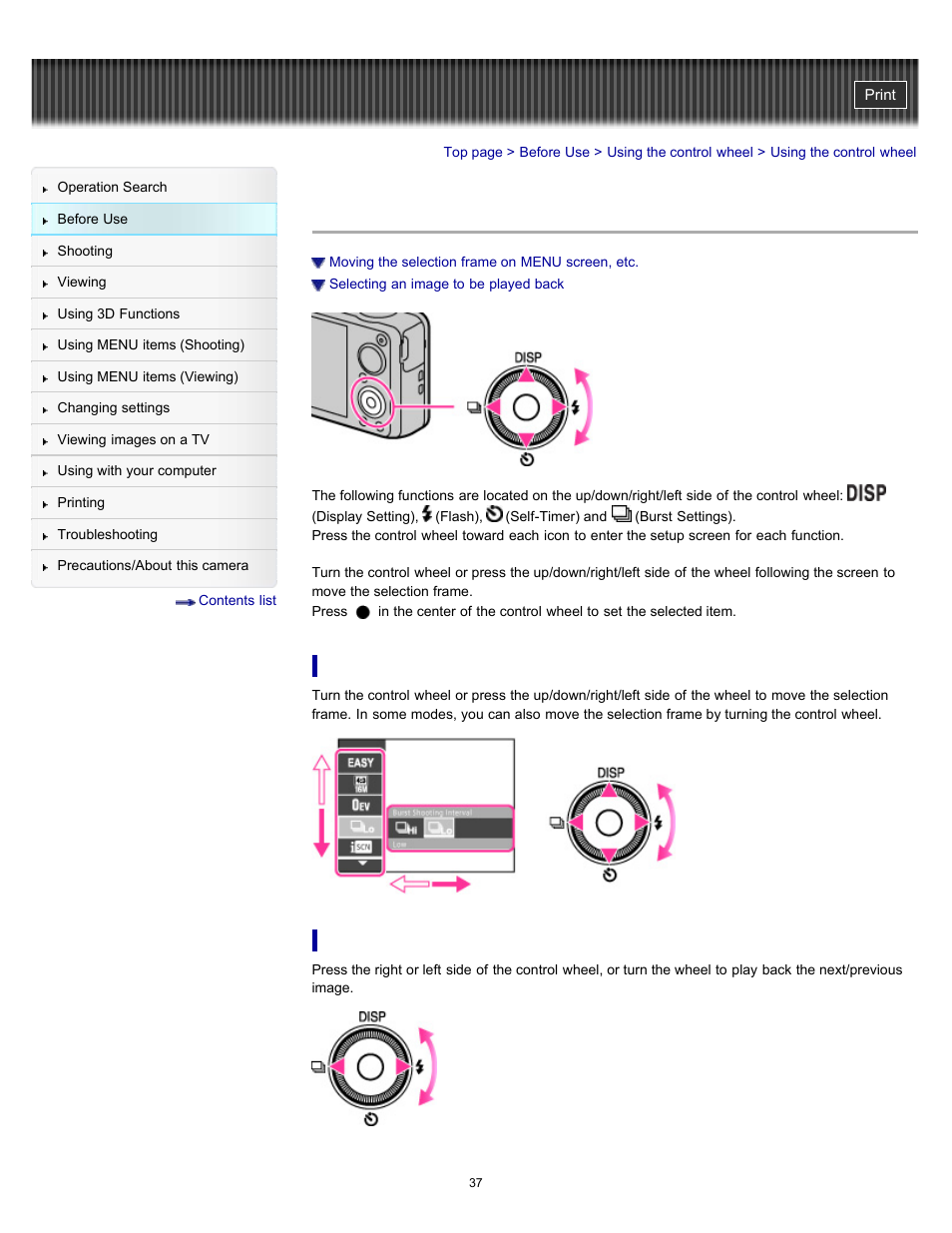 Using the control wheel | Sony DSC-WX10 User Manual | Page 37 / 266