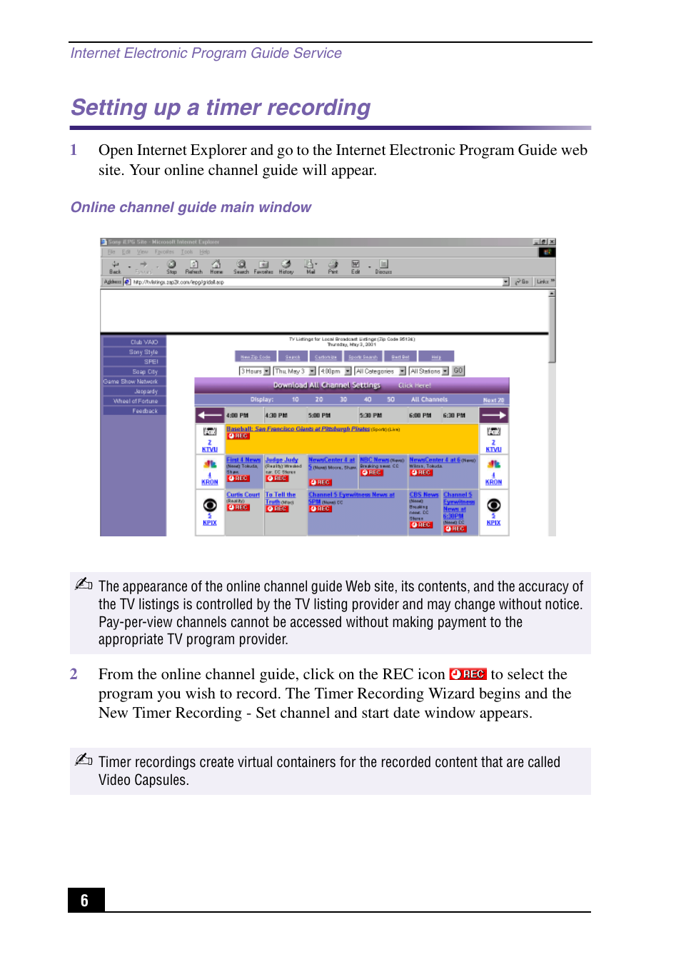 Setting up a timer recording | Sony PCV-RX490TV User Manual | Page 6 / 12