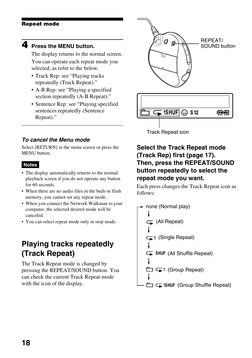 Playing tracks repeatedly (track repeat), Playing tracks repeatedly, Track repeat) | Sony NW-E103PS User Manual | Page 18 / 46