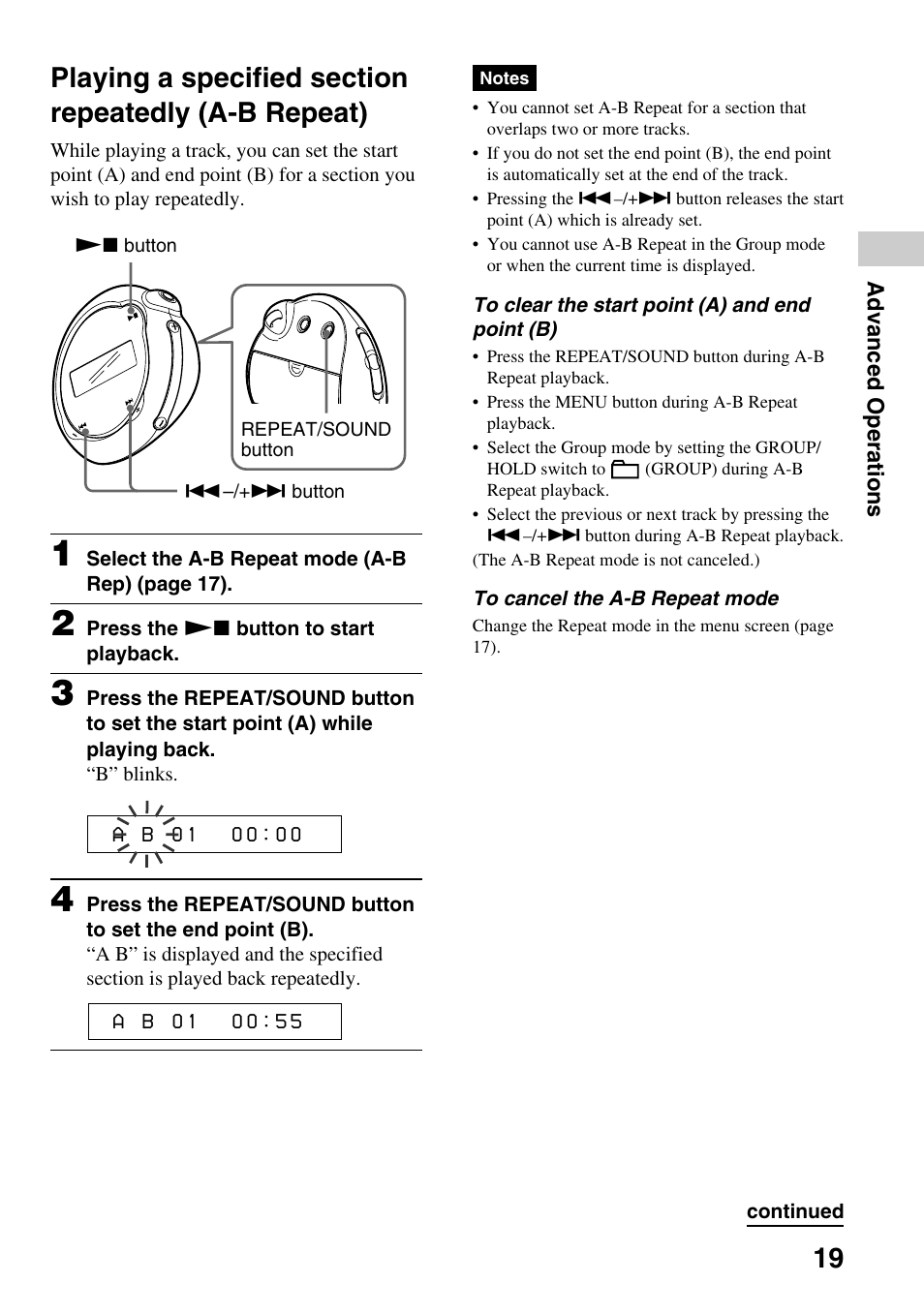 Playing a specified section repeatedly, A-b repeat) | Sony NW-E103PS User Manual | Page 19 / 46