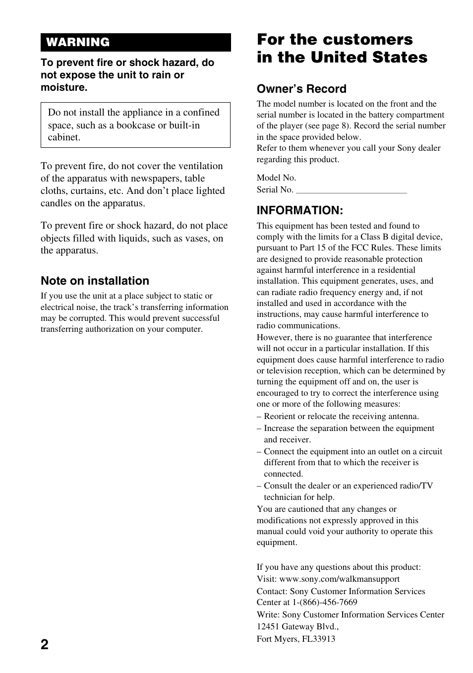 For the customers in the united states | Sony NW-E103PS User Manual | Page 2 / 46