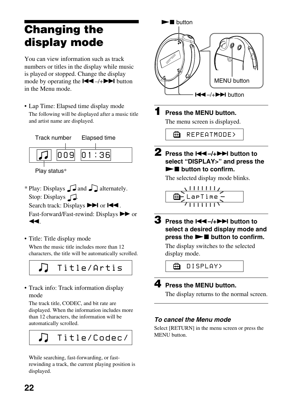 Changing the display mode | Sony NW-E103PS User Manual | Page 22 / 46