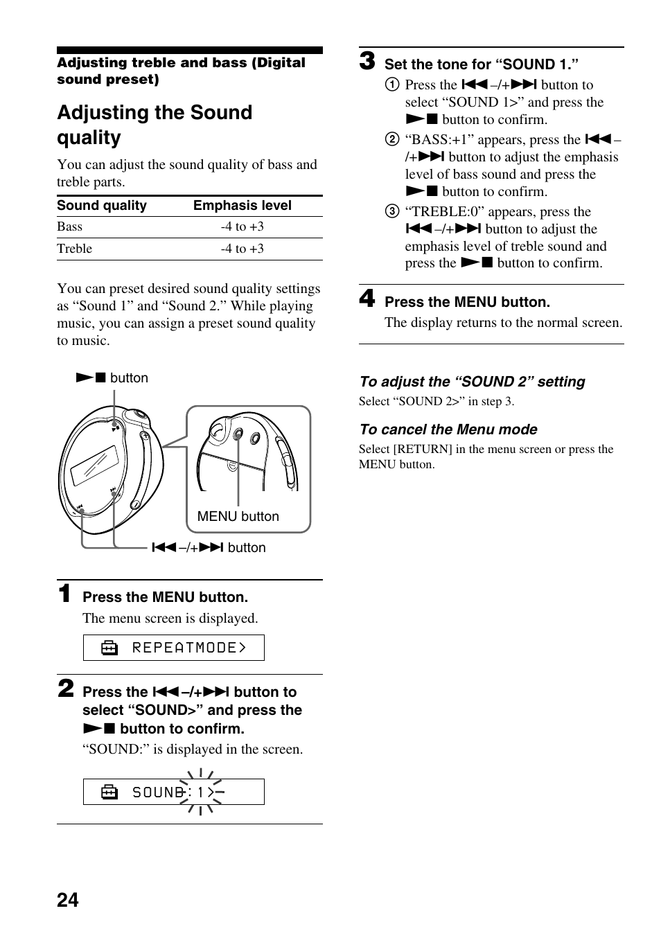 Adjusting the sound quality, 24 adjusting the sound quality | Sony NW-E103PS User Manual | Page 24 / 46